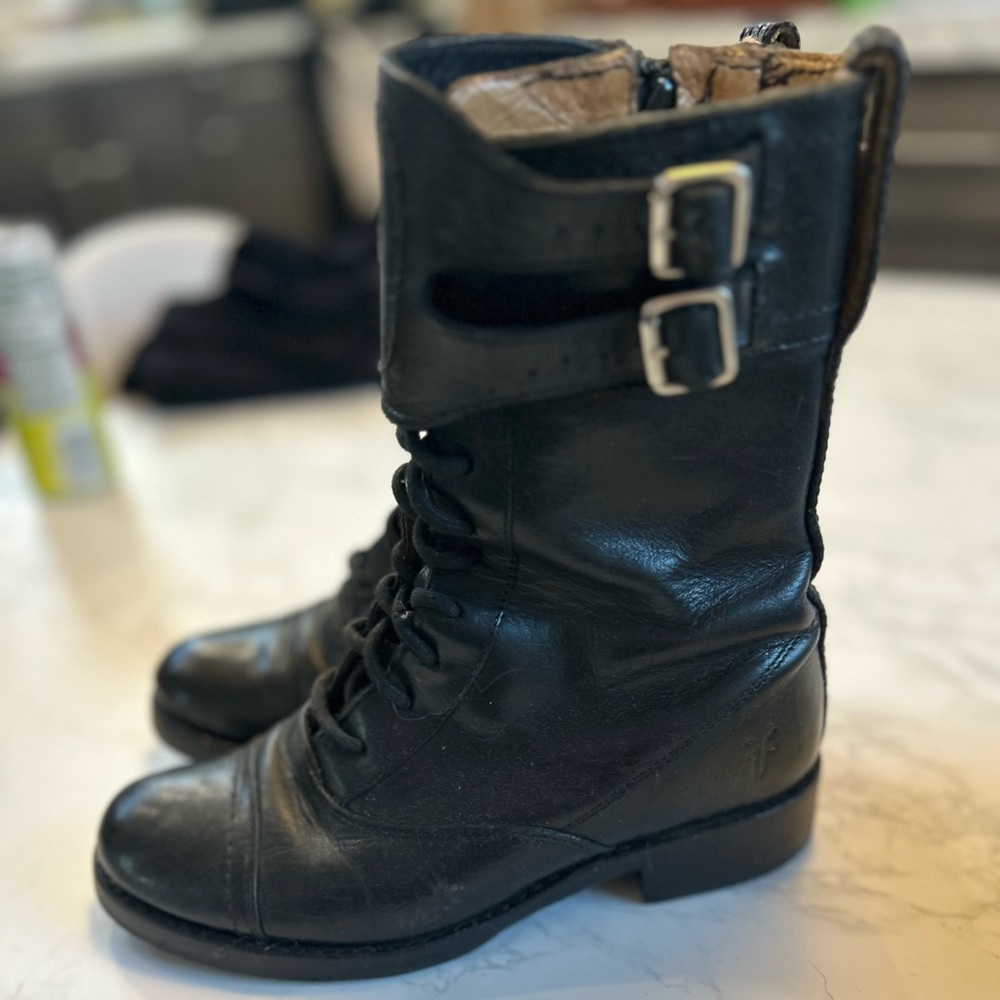 Frye Black Combat Moto Boots with Buckle Straps